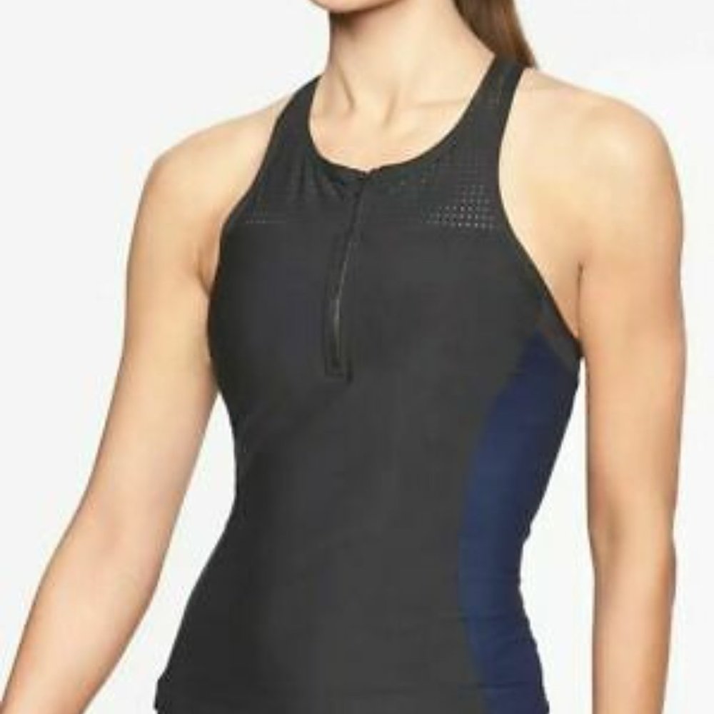 Athleta Top Zip Front Takini Swim in Blue and Black NWT